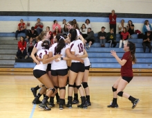 triumphant volleyball players celebrate their victory